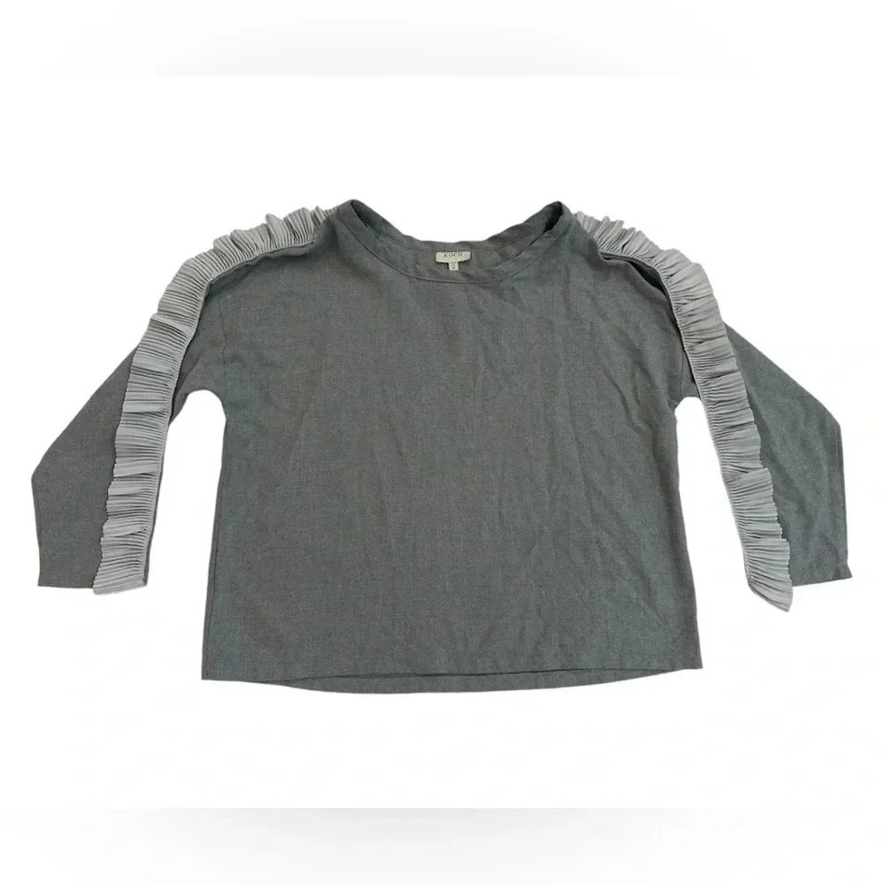 Koch Blouse Women’s Long Sleeve Ribbon Back Ruffle Trim Grey Size Medium EUC